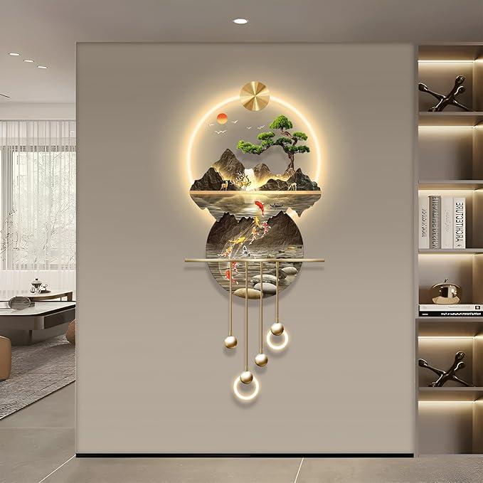 LED Light Decor Wall Art, 3D Art Wall Decor with Light, Decors Walls Sculptures Large 3D Art, Decors Walls Sculptures Lighting Modern, Plug-in Power Supply, Gold D, 19x47IN