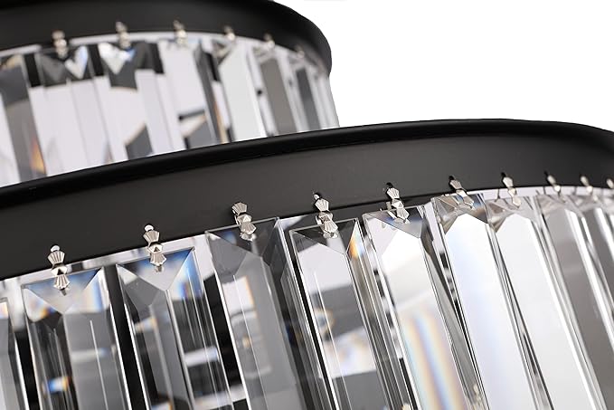 20" Black Crystal Chandelier, Modern 4-Tier Ceiling Light with Clear Crystal Prisms, Luxury Pendant Lighting for Dining Room Entryway