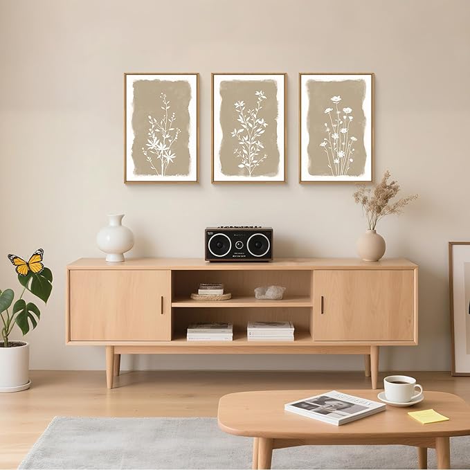 Large Vintage Floral Framed Canvas Wall Art,Neutral Boho Plants Wall Decor,Modern Minimalist Botanical Artwork,Natural Rustic Wildflowers Art Print for Living Room,Bedroom,Office- 16"x24"x3