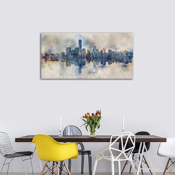 New York City Canvas Wall Art Navy Blue Pictures Abstract Paining City Reflection in Water Canvas Print Modern City Skyline Canvas Artwork for Living Room Bedroom Office Wall Decor 24" x 48"
