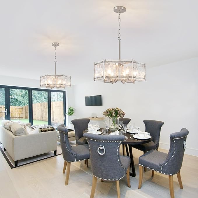 Modern Textured Glass Chandelier,18.7" Luxury Crystal Drum Brushed Nickel Chandeliers, Farmhouse Hexagon Hanging Light Fixture for Dining Room Kitchen Living Room Hallway Bedroom