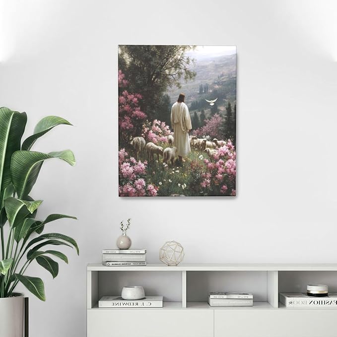 Jesus Wall Art Christian Jesus Lamb Wall Decor Religious God Canvas Painting Pictures Print Christ Decorations for Living Room Bedroom Church Framed Gifts 16”X20”