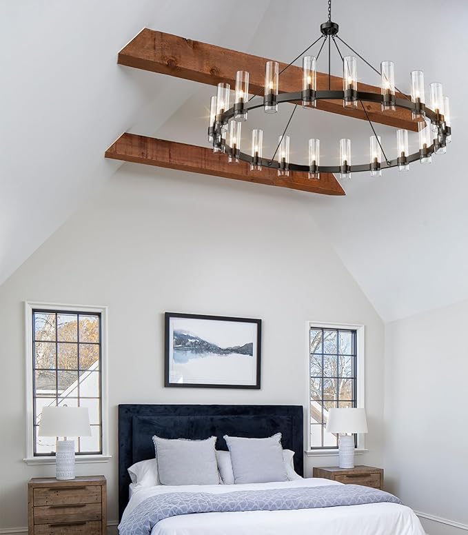 60 Inch Black Round Chandelier, Wagon Wheel Chandelier with Glass Shade, 20-Lights Large Modern Farmhouse High Ceilings Pendant Lighting Fixture for Dining Room, Living Room, Kitchen, Foyer