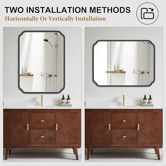 Matte Black Bathroom Vanity Mirror for Over Sink 30" x 40" Modern Rounded Corner Rectangle Wall Mirror Decorative with Non-Rusting Iron Metal Framed (Horizontal/Vertical)
