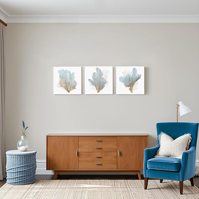 JAPO ART Delicate Coral Wall Decor for Bedroom Coastal Wall Art Home Decor Framed Sea Fan Pictures Nautical Prints Artwork for Bathroom Bedroom 16x16 x3pcs