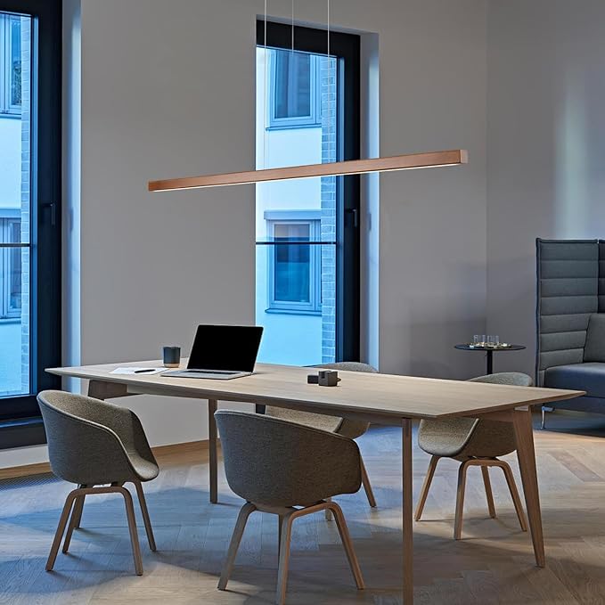 71" Wood Linear Pendant Light Modern LED Dimmable Ceiling Hanging Light Fixtures Wood Linear Chandeliers 40w for Dining Room Kitchen Island Pool Table Bar Walnut Color