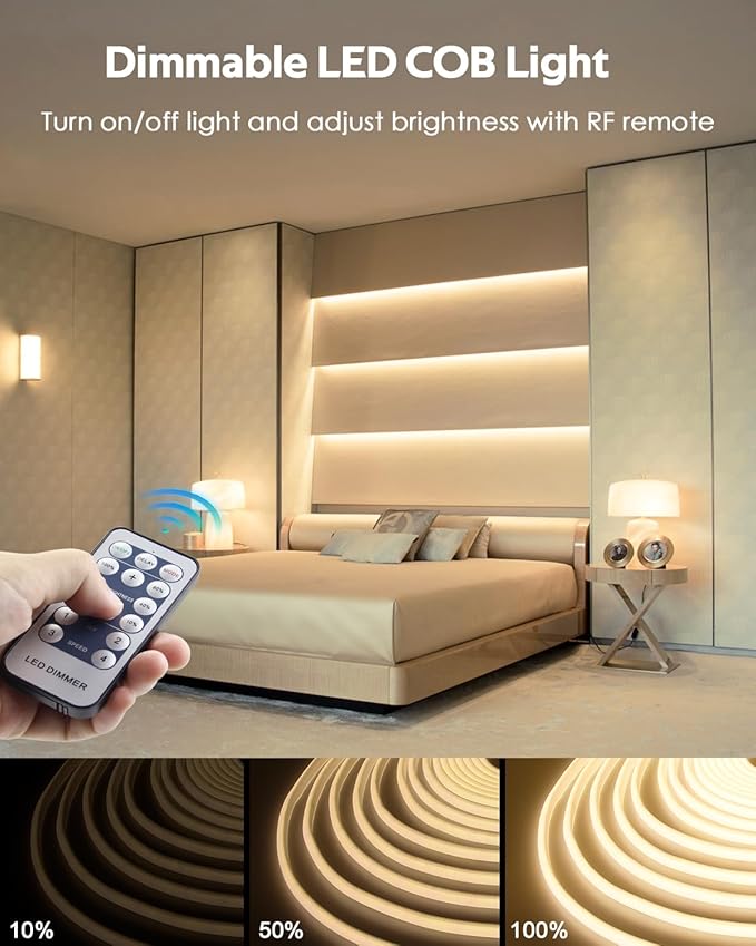 100FT COB Led Rope Lights Outdoor Led Strip Lights Waterproof AC 110V~120V Warm White 3000K Super Brightness Flex Cob Light for Garden Patio Building Commerical Dimmable with Remote Controller