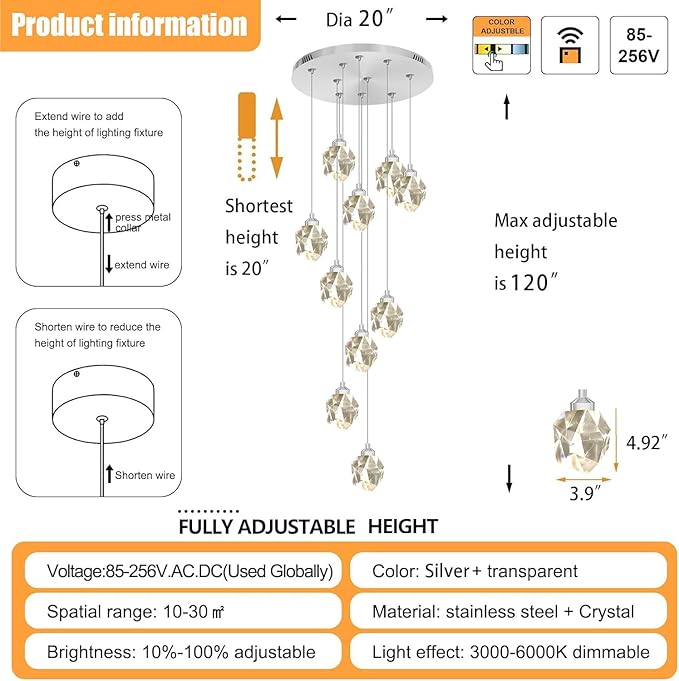 Long Crystal Chandelier Silver 10-Light Spiral Stair Chandeliers for High Ceilings Foyer Entryway Flush Mount Ceiling Lights LED Dimmbale 3000-6000K