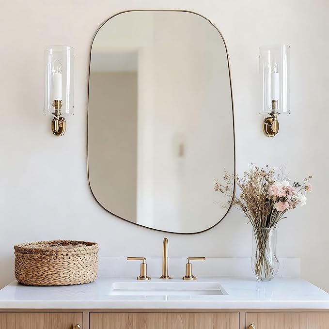 ANDY STAR Gold Bathroom Mirror, 24"x36" Brushed Brass Asymmetrical Wall Mirror in Stainless Steel Metal Frame, Unique Vanity Mirror with Modern Curved Design, Ideal for Bathroom, Bedroom, Entryway