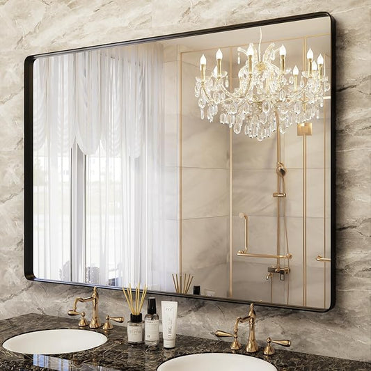 Bathroom Mirror for Wall, 48x36 Inch Matte Black Framed Bathroom Vanity Mirror for Farmhouse Living Room Bedroom, Anti-Rust, Tempered Glass, Rounded Corner (Horizontal/Vertical)