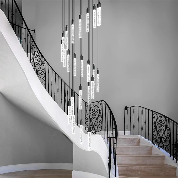 24-Light Modern Living Room Chandelier Black Crystal Ceiling Pendant Lights LED Dimmable 144W 6000K Staircase Large Chandeliers for Entryway Lobby Foyer High Ceiling Chandeliers
