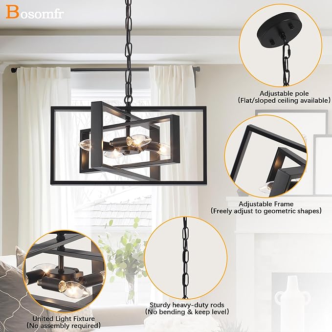 16.5'' Farmhouse Chandelier 4-Light, Black Modern Light Fixture Cross Chandeliers for Dining Room Kitchen Island Bedroom, Rectangular Metal Pendant Light Fixture for Living Room