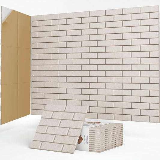 12Pack Acoustic Panels, Self-Adhesive 3D Brick Pattern Sound Proof Panels for Walls, Decorative Sound Dampening Wall Panels for Recording Studios, Offices, Home, 12"×12"×0.4", Camel