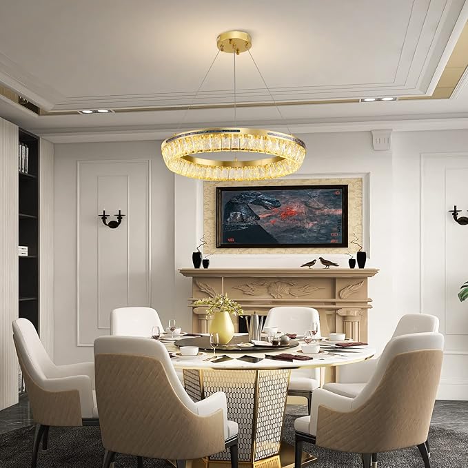 Modern LED Crystal Chandelier Brass Round Dimmable Gold Chandelier Light Fixture 3 Colors Pendant Ceiling Light for Dining Room Living Room Kitchen Island Entryway Foyer Bedroom Bathroom D22''