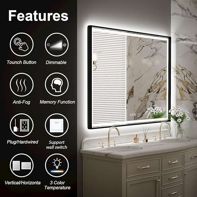 48x36 Inch LED Bathroom Mirror with Lights, Frontlit & Backlit Black Metal Frame Wall Mounted Lighted Vanity Mirrors, Double Lights Strips,Anti Fog Dimmable & 3 Colors Temperature