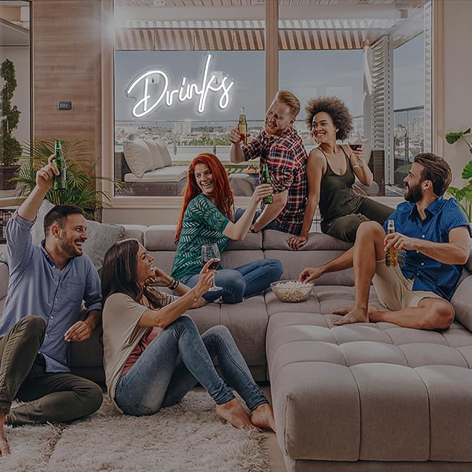 Looklight Drinks Neon Sign,Bar Neon Sign,Neon Signs for Wall Decor,Neon Sign For Room,White Neon Light Sign Led Neon Bar Signs USB Connectivity Light Up Wall Decor for Teen Room Bedroom Bar Store