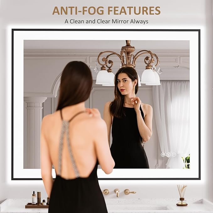 LOAAO 40"X32" LED Bathroom Mirror Black Framed, Anti-Fog, Dimmable, Lighted Bathroom Vanity Mirror for Wall, Memory Function, Tempered Glass