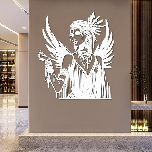 American Indian Metal Wall Art, Native American Metal Wall Decor, Tribal Chieftain Wall Decor for Living Room, Bedroom, Office(White,28"Hx24"W/70x60cm)