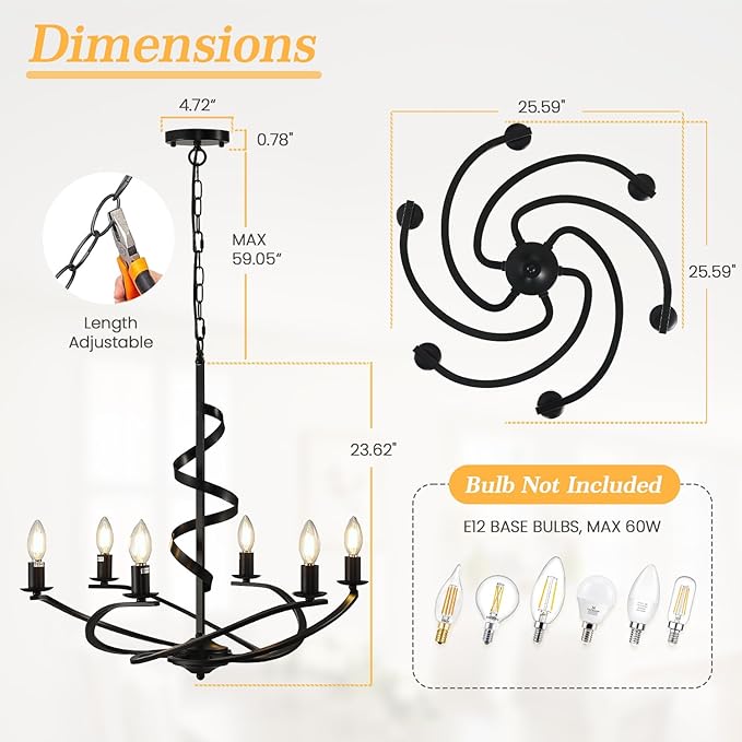 Black Chandelier, 6-Light Farmhouse Chandeliers for Dining Room, Rustic Kitchen Island Lighting, Modern Chandelier for Living Room, Hanging Pendant Lights for Bedroom, Foyer, Staircase, Entry