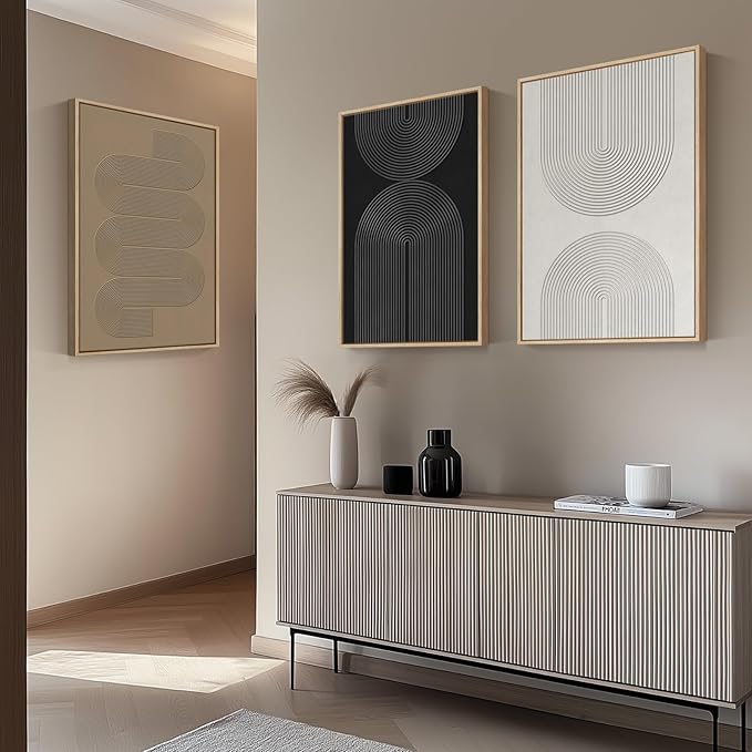 Large Framed Black and White Neutral Abstract Wall Art, 3 Piece Minimalist Canvas Prints Paintings Artwork for Walls, Boho Geometric Pictures for Living Room Hallway Office Wall Decor Total 30x60 In