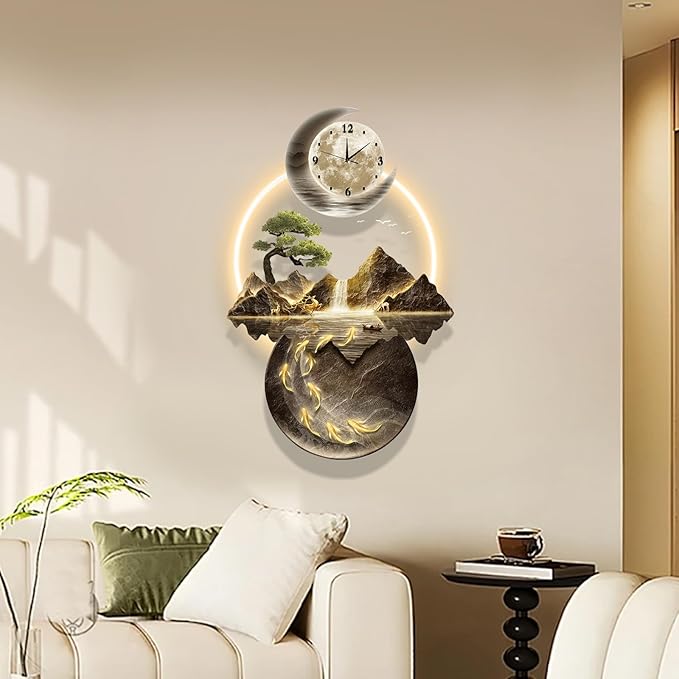 LED Light Art Wall Decor, 3D Art Wall Decor Clock, Decors Walls Sculptures with Lights, Modern Home Decors Landscape Walls Sculpture, Plug-in Power Supply, Gold e, 23x47IN