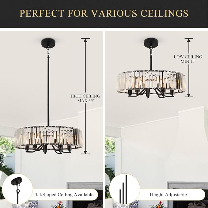 Black Crystal Chandelier for Dining Room, 6-Light Modern Semi Flush Mount Chandelier Lighting Fixtures,Round Kitchen Hanging Drum Pendant Lights Ceiling for Bedroom Entryway Foyer, E12 Base, 19.7Inch