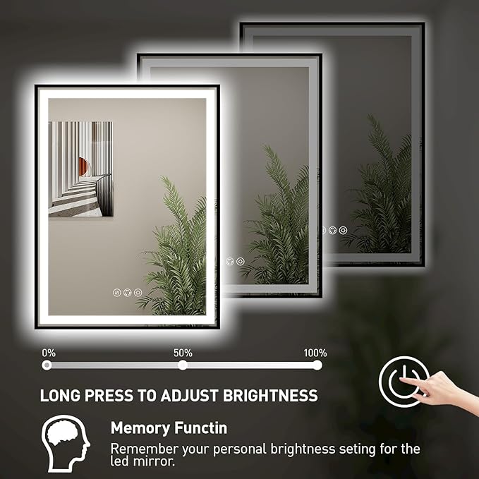 LED Bathroom Mirror, 20x28 Inch Frontlit & Backlit Black Framed Lighted Mirror,Wall Mouted Vanity with Lights,Double Lights Strips,Anti Fog Stepless 3 Colors Temperature & Dimmable