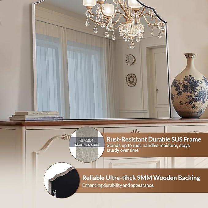 ANDY STAR Scalloped Arched Mantel Mirror, 32x28 Inch Brushed Nickel Vanity Mirror in Stainless Steel Metal Frame, Vintage Wall Mirrors for Fireplace, Bedroom, Living Room, Entryway Hangs Vertically