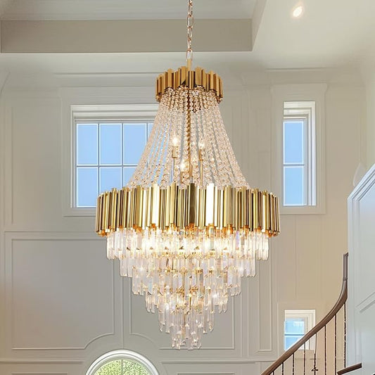 Luxury Gold Crystal Chandelier for High Ceilings, 30" Large Foyer Lighting Fixture with 5-Tier K9 Crystal Cascade, Elegant Entryway Pendant for Two-Story Homes