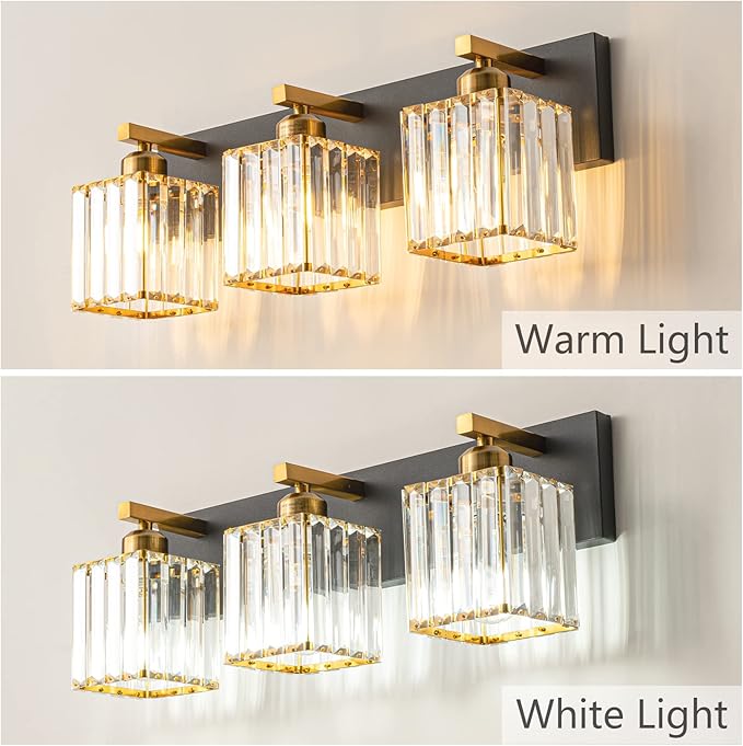 Modern Bathroom Vanity Light 3-Lights Black Gold Crystal Bathroom Wall Light Vanity Light Fixtures，20.47-inch Modern Minimalist Design