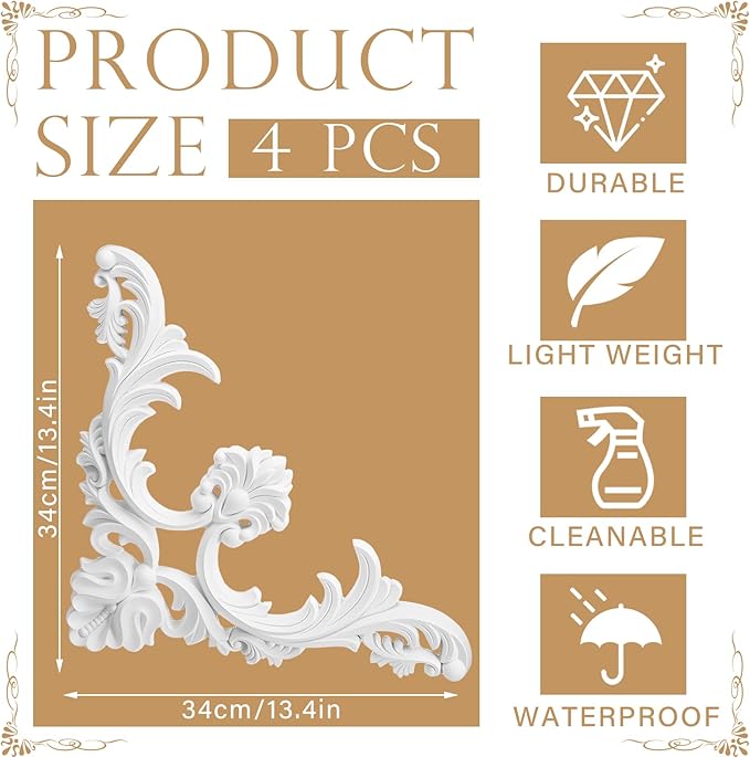 4 Pcs Ceiling Molding Kit Corners Murals Trim French Style Accent Wall Decor for Interior Medallion Ceiling with Flowers Pattern Decorative Panels for Wall (13.4 x 13.4 in,Classic)