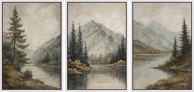 MUDECOR Framed Wall Art Print Set Mountain Landscape Nature with Trees, Lake, and Mountains, Rustic Illustrations Modern Art Decorative Colorful for Living Room, Bedroom, Office - 16"x24"x3 White