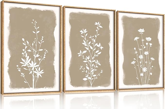 Large Vintage Floral Framed Canvas Wall Art,Neutral Boho Plants Wall Decor,Modern Minimalist Botanical Artwork,Natural Rustic Wildflowers Art Print for Living Room,Bedroom,Office- 16"x24"x3