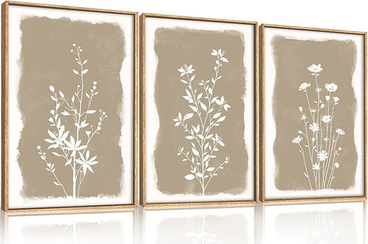 Large Vintage Floral Framed Canvas Wall Art,Neutral Boho Plants Wall Decor,Modern Minimalist Botanical Artwork,Natural Rustic Wildflowers Art Print for Living Room,Bedroom,Office- 16"x24"x3