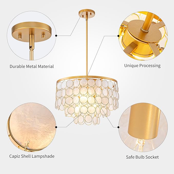 4-Lights Capiz Shell Chandelier, Coastal Design Pendant Light Fixture, for Kitchen, Dining Room, Bedroom, Gold Finish, D16.5 * H20~50 Inch Adjustable Height