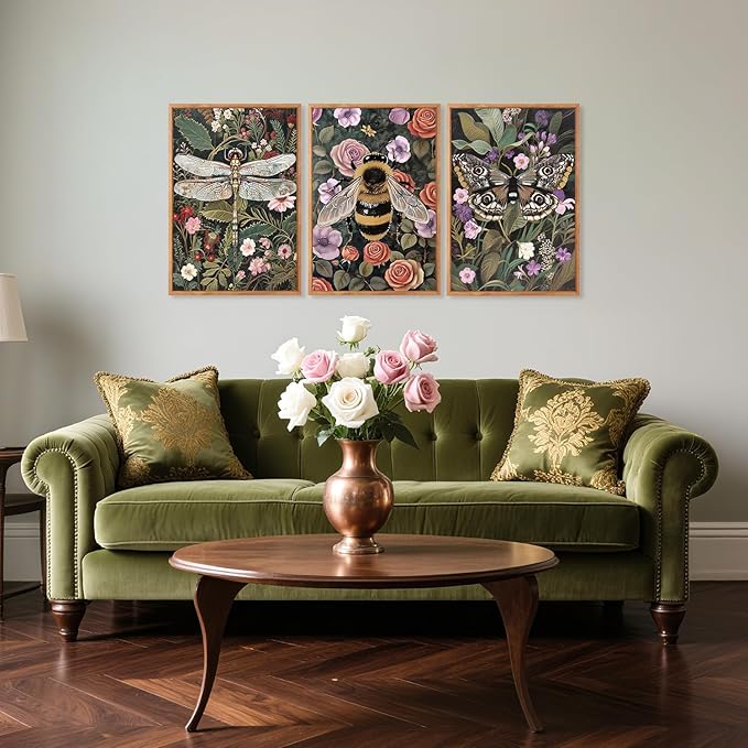 Aurlan Moody Boho Flowers Insect Framed Wall Art(16"x24"), 3PCS Dark Academia Cottage Core Whimsical Bee Butterfly Dragonfly Canvas Artwork, Abstract Vintage Floral Botanical Plant Decor for Home Office Bedroom