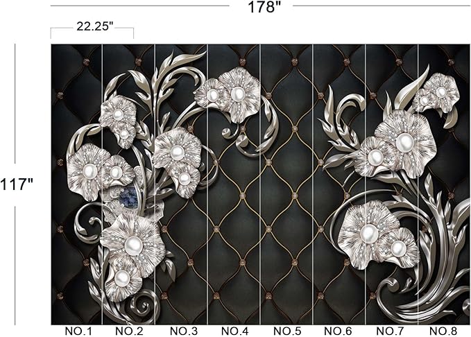 Black Hard Wrapped Pearl Embossed Flowers Wall Mural Wallpaper for Bedroom 178" x 117"