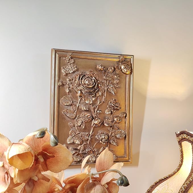 Kangce Vintage Wall Sculpture Home Decor Living Room Antique Hallway Galery Wall Art with Embossed Rose Design Aesthetic Home Decor,Rectangular,Bronze
