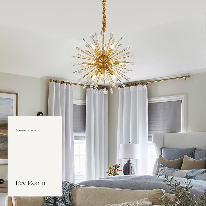 12-Light Gold Sputnik Chandeliers, 24" Starburst Firework Pendant Light fixtures, Mid-Century Modern Satellite Ceiling Lights for Dining Room, Kitchen, Bedroom, Living Room, E12