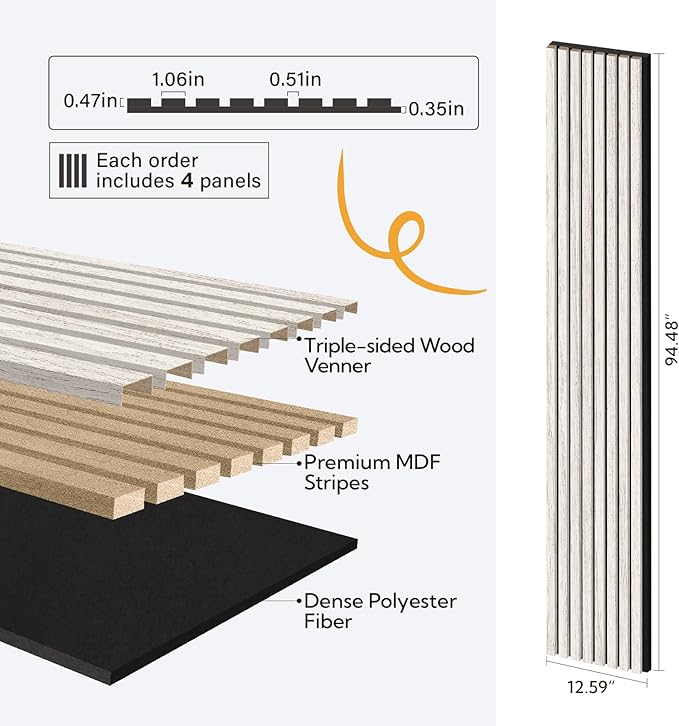 Olanglab Wood Slat Wall Panels 4 Pack, Wooden Acoustic Wall Panels, 94.5"x12.6" Each 3D Wall Panels for Interior Wall Decor (White-Extendo Trio)