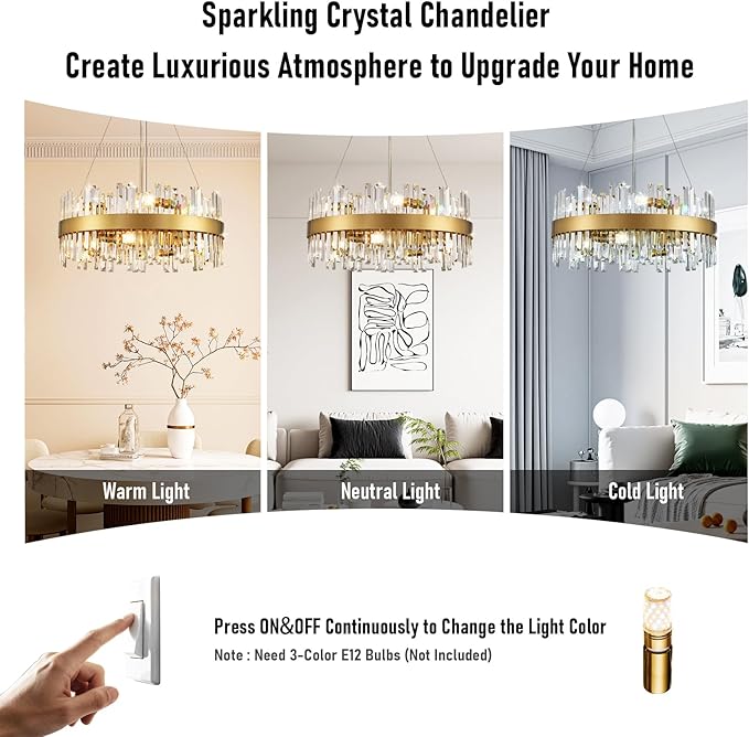 24'' Modern Gold Crystal Chandeliers, 12-Lights K9 Crystal Luxury Raindrop Chandelier Light Fixture,3 Colors Contemporary Pendant Ceiling Light for Dining Room Living Room Entryway Foyer