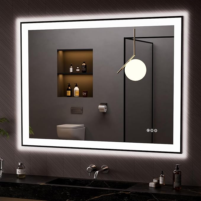 LOAAO 48"X36" LED Bathroom Mirror Black Framed, Anti-Fog, Dimmable, Lighted Bathroom Vanity Mirror for Wall, Memory Function, Tempered Glass