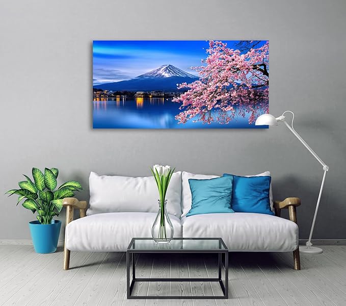 Aibonnly Wall Art Canvas Painting Cherry Blossoms Mount Fuji 1 Piece Mount Fuji and the Sakura Blossoming Lake Picture Poster Print Framed and Stretched Ready to Hang for Living Room Bedroom