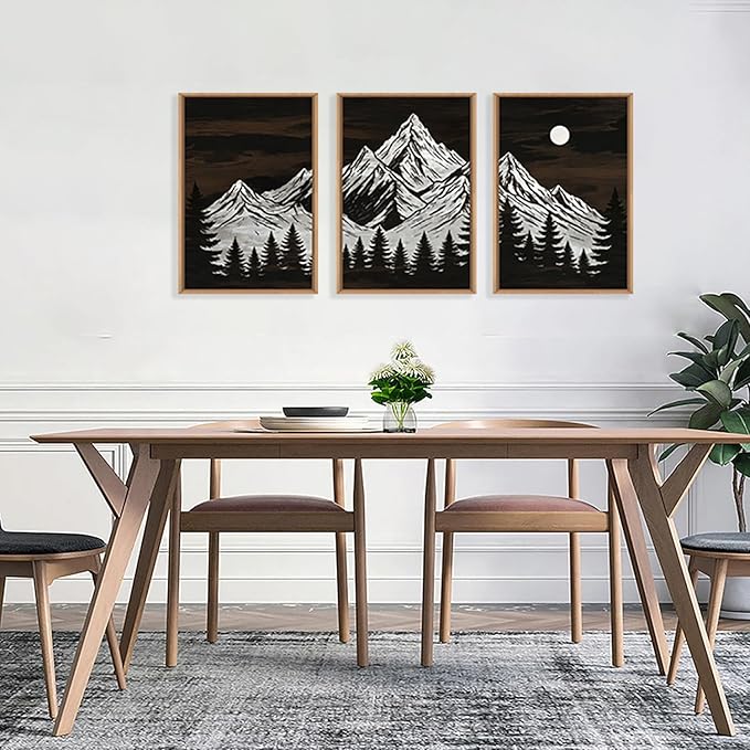 KAIRNE Wooden Mountain Tree Framed Canvas Wall Art Set, Country Wood Forest Wall Decor, Woodcut Pine Tree Wall Painting, Nature Farmhouse Zen Art Prints for Living Room, Bedroom, Office - 24"x36"x3