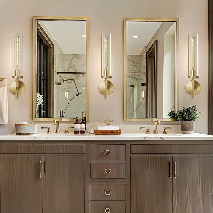 Antique Gold Wall Sconce 19.48" Modern Luxe Wall Lighting with Clear Glass Tube, Living Room Bedroom Bathroom Mirror Sconces, Staircase Decor Hallway Lamp Fixture(Including Bulb)