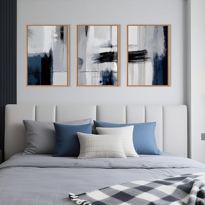Abstract Blue and Gray Framed Canvas Print Wall Art Set,Modern Neutral Geometric Line Wall Decor,Minimalist Navy Blue Pastel Grunge Brush Strokes Artwork for Living Room,Bedroom-24 x36 x3