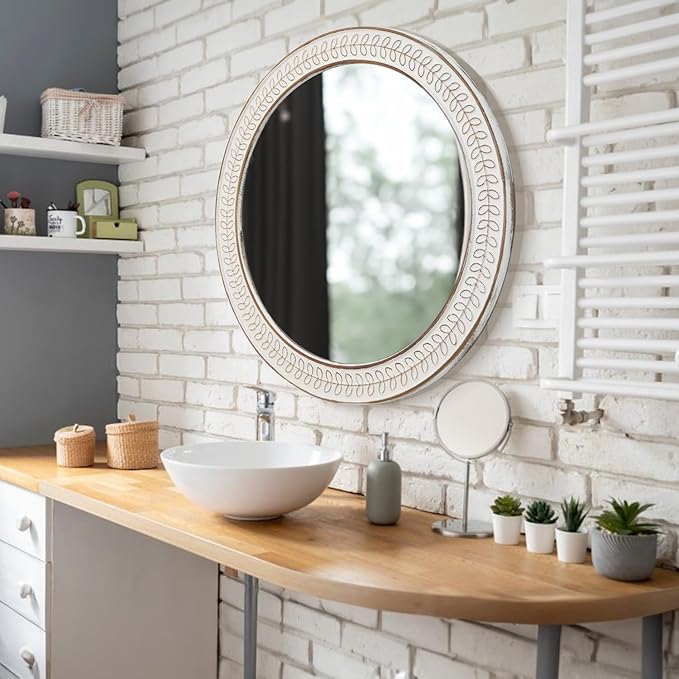 24 inch Round Rustic Wooden Mirrors, Distressed Circle Mirror for Bathroom, Bedroom, Living Room, Entryway, Fireplace, Hall