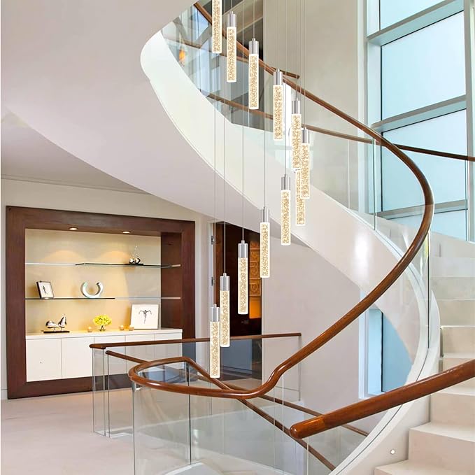 12 Lights Modern Crystal Chandelier, 59 inch Large Long Foyer Chandelier, High Ceiling Light Fixture, Foyer Pendant Lighting Dimmable Switch from 3000K 4500K 6000K for Staircase Entryway living room