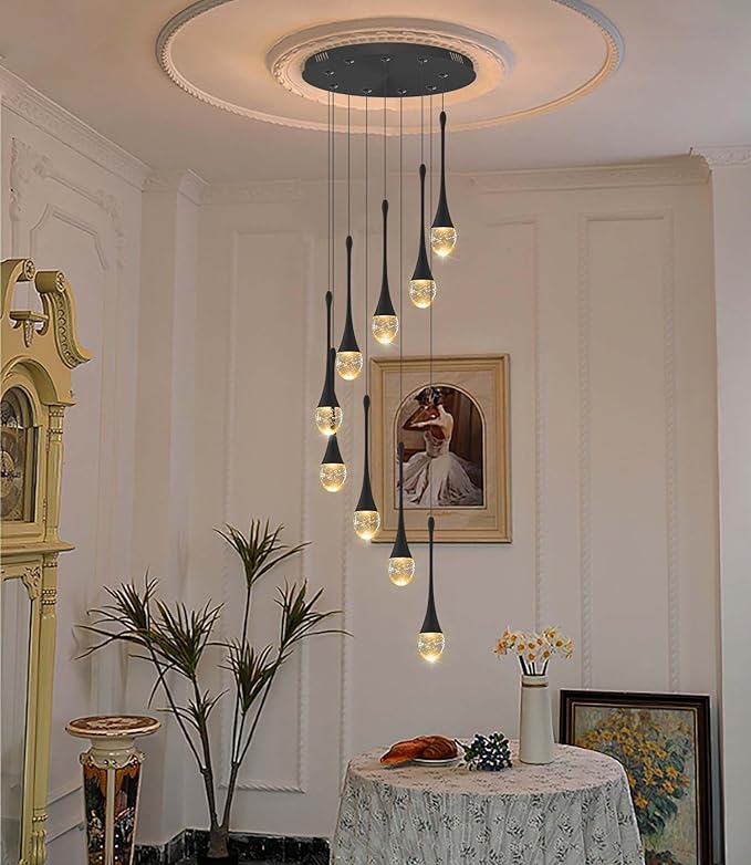 9-Lights Black Pendant Chandliers 100'' High Staircase Ceiling Chandeliers Crystal Bubble Raindrop Lighting Chandelier Ceiling Living Room Dimmable 2700-6000k LED Dining Lighting