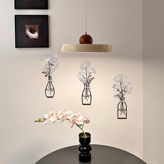 3 Pieces Metal Flowers Wall Art Decor, House Minimalist Bathroom Wall Decors Sculptures for Living Room Dining Room Bedroom Housewarming Gifts